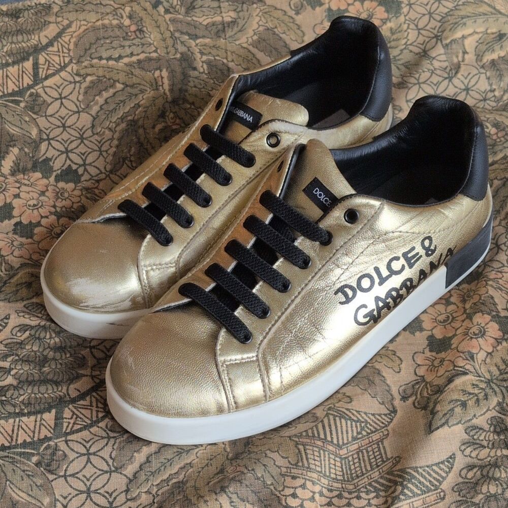 Dolce & Gabbana Portofino Gold Metallic Low Top Lace-Up Sneaker M 5.5